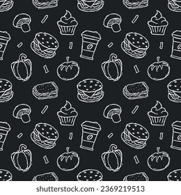 Seamless food pattern. Drawn doodle food background