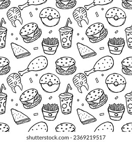 Patrón de comida sin foco. Fondo de la comida del doodle dibujado