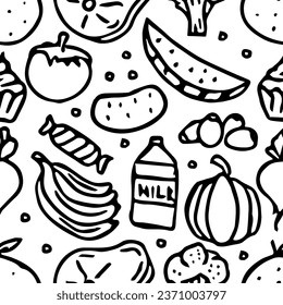 Seamless food pattern. Drawn doodle food background
