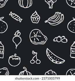 Patrón de comida sin foco. Fondo de la comida del doodle dibujado