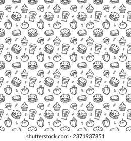 Patrón de comida sin foco. Fondo de la comida del doodle dibujado
