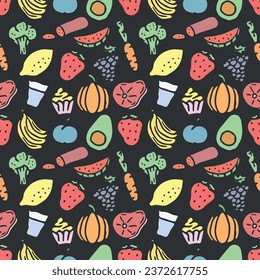 Seamless food pattern. Drawn doodle food background
