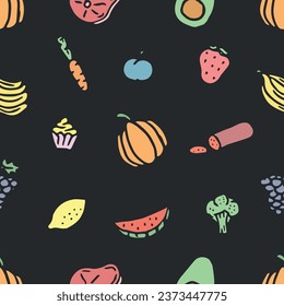 Patrón de comida sin foco. Fondo de la comida del doodle dibujado