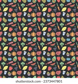 Patrón de comida sin foco. Fondo de la comida del doodle dibujado