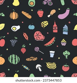Seamless food pattern. Drawn doodle food background