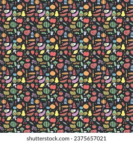 Seamless food pattern. Drawn doodle food background