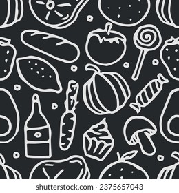 Patrón de comida sin foco. Fondo de la comida del doodle dibujado