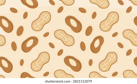 Seamless food pattern featuring raw peanuts and peanut shells in warm earth tones on a light cream background.