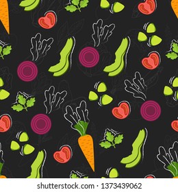 Seamless food pattern. Flat food on chalk board. Chalkboard pattern. Flat food. Vector illustration.