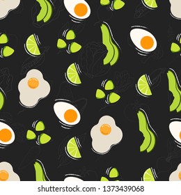 Seamless food pattern. Flat food on chalk board. Chalkboard pattern. Flat food. Vector illustration.