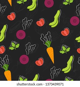 Seamless food pattern. Flat food on chalk board. Chalkboard pattern. Flat food. Vector illustration.