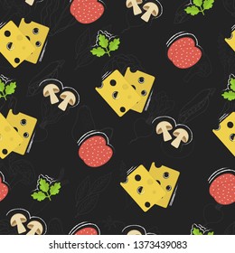 Seamless food pattern. Flat food on chalk board. Chalkboard pattern. Flat food. Vector illustration.