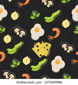 Seamless food pattern. Flat food on chalk board. Chalkboard pattern. Flat food. Vector illustration.