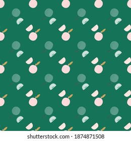Seamless food pattern with hand drawn simple apple silhouettes. Green background. Vector illustration for seasonal textile prints, fabric, banners, backdrops and wallpapers.