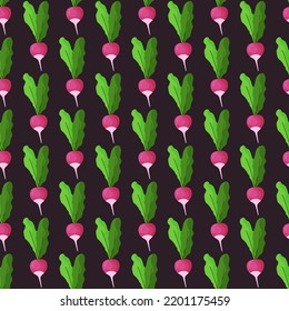 Seamless food pattern of heads of radish on green background. Backdrop for wallpaper, print, textile, fabric, wrapping. Vector illustration