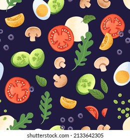 Seamless food pattern with healthy fresh ingredients. Endless background with vegetable slices, tomatoes, cucumbers, egg pieces, Italian greens, cheese and mushrooms. Flat vector illustration