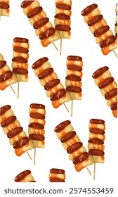 seamless food pattern with hot dogs on sticks