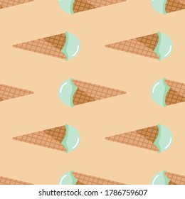 Seamless food pattern with ice cream in waffle cone. Light coral background and turquoise cream. Food backdrop. Perfect for wrapping paper, wallpaper, textile print and fabric. Vector illustration.