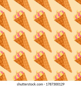 Seamless food pattern with ice cream in waffle cone on beige light background. Decorative backdrop for wallpaper, wrapping paper, textile print, fabric. Vector illustration.