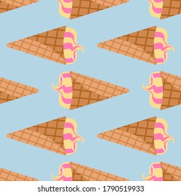 Seamless food pattern with ice cream in waffle cone. Blue background and cream in yellow and pink colors. Decorative backdrop for wallpaper, wrapping paper, textile print, fabric. Vector illustration.