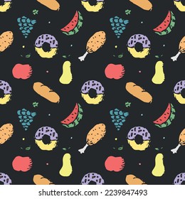 seamless food pattern. icons of food, vegetables and fruits. vector food background