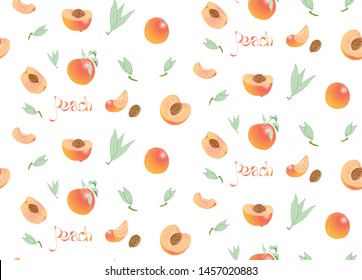 Seamless food pattern of juicy summer fruits - sweet peach. All elements are drawn by hand. For your design, scrapbooking, textiles and printing.

