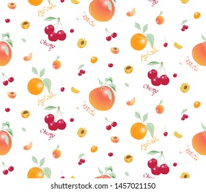 Seamless food pattern of juicy summer fruits and berries - sweet cherry, apricot, peach in bright colors. All elements are drawn by hand. For your design, scrapbooking, textiles and printing.