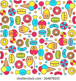 Seamless food pattern kawaii candy, sweet bakery, cafe