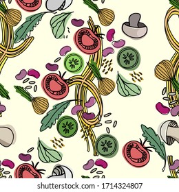 Patrón alimentario sin problemas hecho de alimentos saludables. Imágenes vectoriales de tomate, pepino, cebolla, frijoles, champiñones, pasta. Aislado sobre fondo de color claro