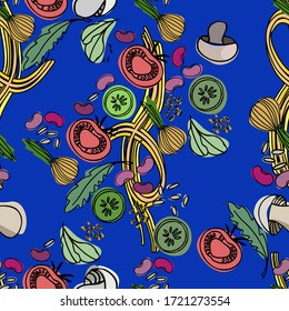 Seamless food pattern made of pasta and vegetables in vibrant colors. Vector illustrations of tomato, cucumber, onion, beans, mushrooms, pasta. Isolated on blue background