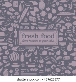 Seamless food pattern made from small vegetable, fruits and cooking accessories illustrations with fresh food lettering on rounded label.