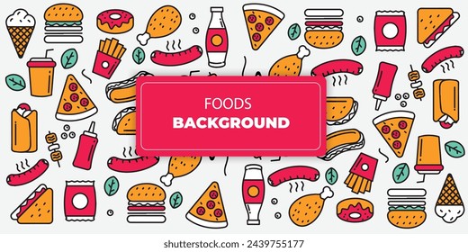 patrón de comida sin fisuras con colores de iconos modernos. comida, pizza, hamburguesas, bebidas, salsas y sándwiches, fondo vectorial