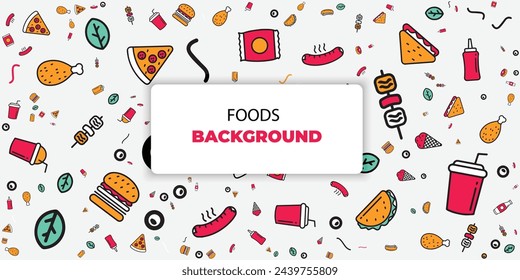 seamless food pattern with modern icon colors. food, pizza, burgers, drinks, sauces and sandwiches, vector background