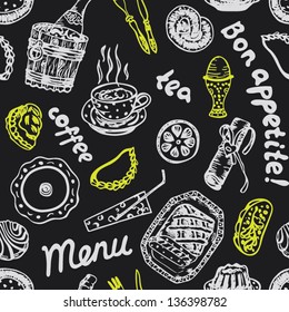 Seamless food pattern on grey blackboard in vector
