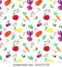 Seamless food pattern on white background. World Food Day. October 16. Vegetables and fruits, mushrooms, herbs and spices. Suitable for textiles and packaging.