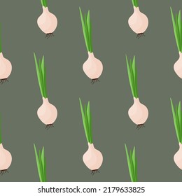 Seamless food pattern of onion on green background. Backdrop for wallpaper, print, textile, fabric, wrapping. Vector illustration