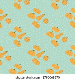Patrón de comida sin foco con adorno de doodle de calabaza naranja. Fondo azul suave con puntos. Ideal para envolver papel, textil, papel de tela y papel pintado. Ilustración vectorial.