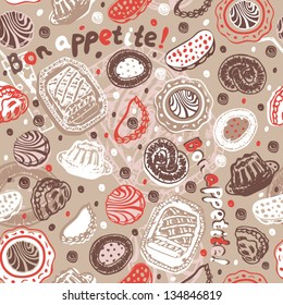 Seamless food pattern with pastry on the light brown background in vector