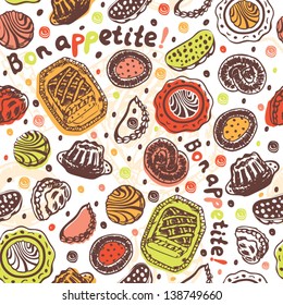 Seamless food pattern with pastry on the white background in vector