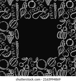 Nahtlose Nahrungsmuster mit Platz für Text. Doodle-Muster mit Essenssymbolen. Lebensmittelhintergrund