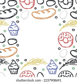 patrón de alimentos sin fisuras con lugar para texto. Vector de doodle de color con íconos alimentarios. Iconos de comida de época