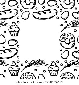 seamless food pattern with place for text. Colored doodle vector with food icons. Vintage food icons