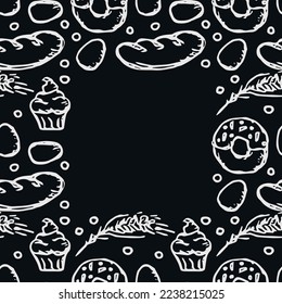 seamless food pattern with place for text. Colored doodle vector with food icons. Vintage food icons