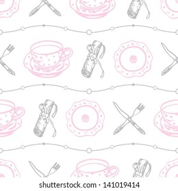 Seamless food pattern with plates and dishes on the white background in vector