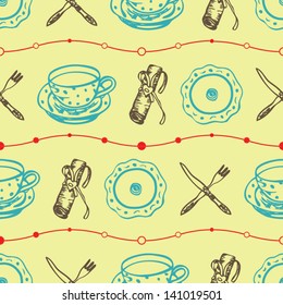 Seamless food pattern with plates and dishes on the light yellow background in vector