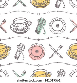 Seamless food pattern with plates and dishes on the light background in vector
