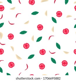 Seamless food pattern with red tomato plus Bay leaves and white onions