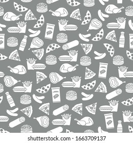 Seamless food pattern Sausage, hamburger, cheese, pizza, french fries, chips, hot dog, ham, chicken Fast food Snack Picnic. Harmful eating habits Unhealthy lifestyle Design for wrapping, fabric, print