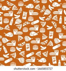 Seamless food pattern Sausage, hamburger, cheese, pizza, french fries, chips, hot dog, ham, chicken Fast food Snack Picnic. Harmful eating habits Unhealthy lifestyle Design for wrapping, fabric, print