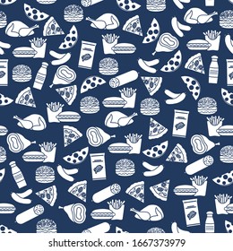 Seamless food pattern Sausage, hamburger, cheese, pizza, french fries, chips, hot dog, ham, chicken Fast food Snack Picnic. Harmful eating habits Unhealthy lifestyle Design for wrapping, fabric, print